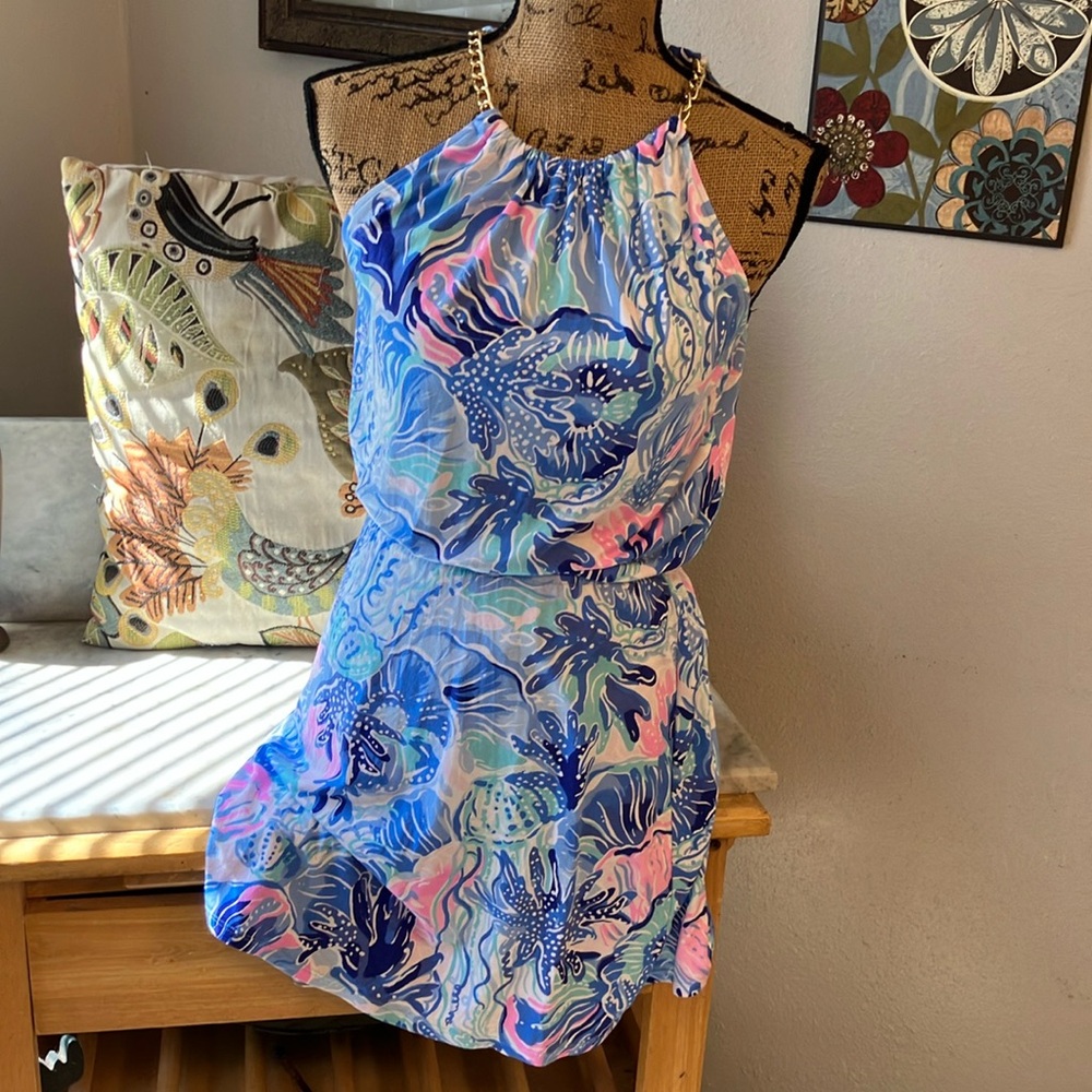 Lilly Pulitzer Blue and Pink Tropical One Piece Mini Dress With Shorts! XS!!